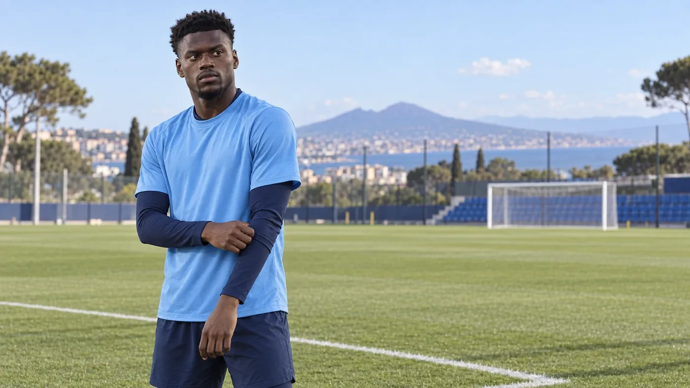 Benoît Badiashile quan sát sân tập của Napoli