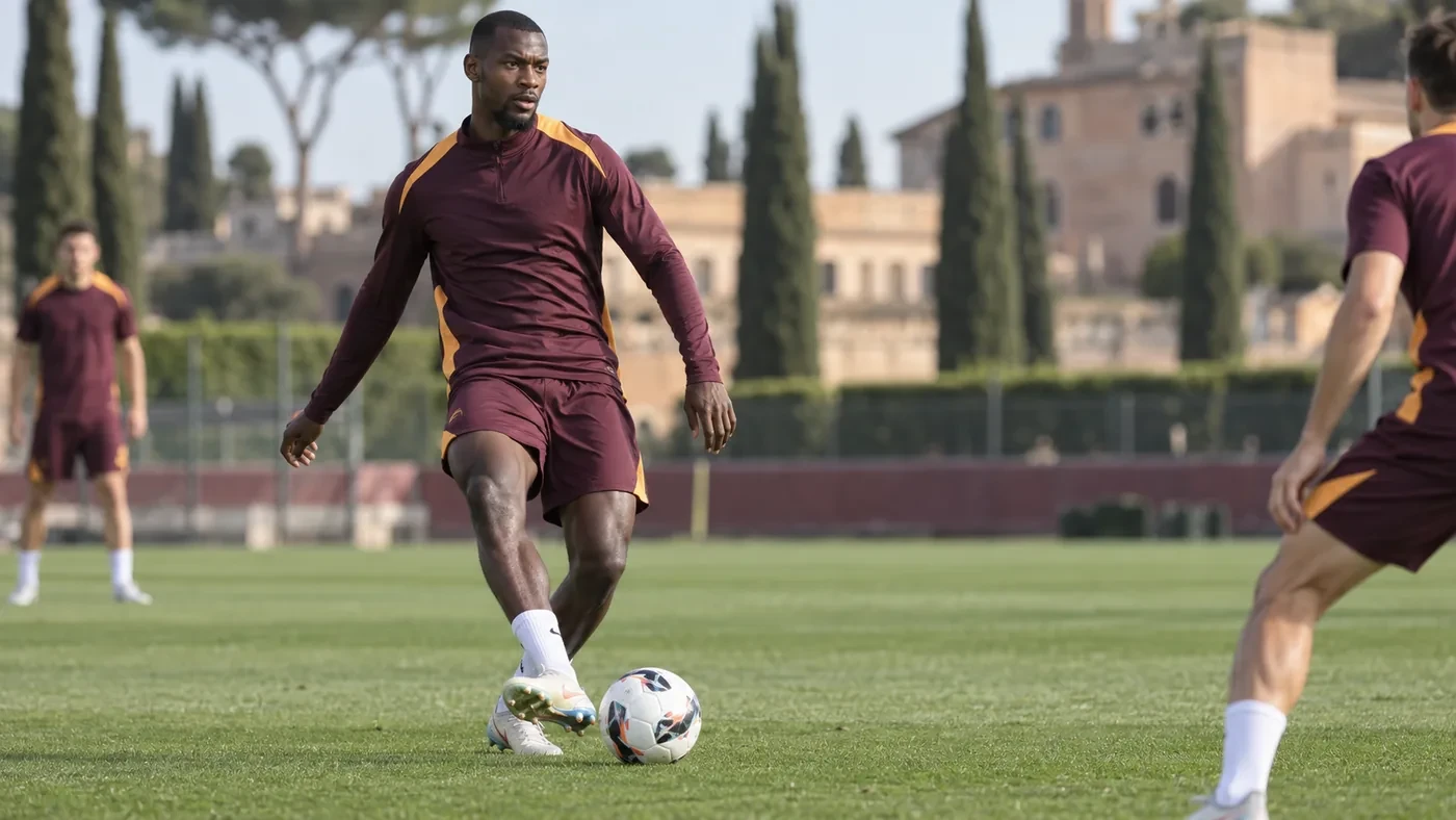 Evan Ndicka mở thân người nhận bóng trên sân tập Roma