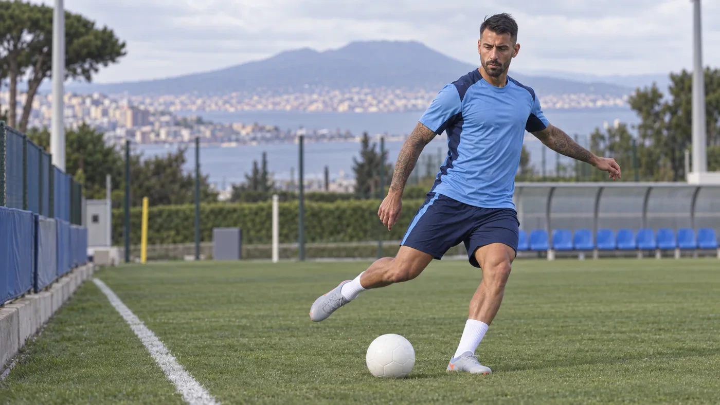Leonardo Spinazzola thực hiện bài tập tạt bóng ở hành lang trái