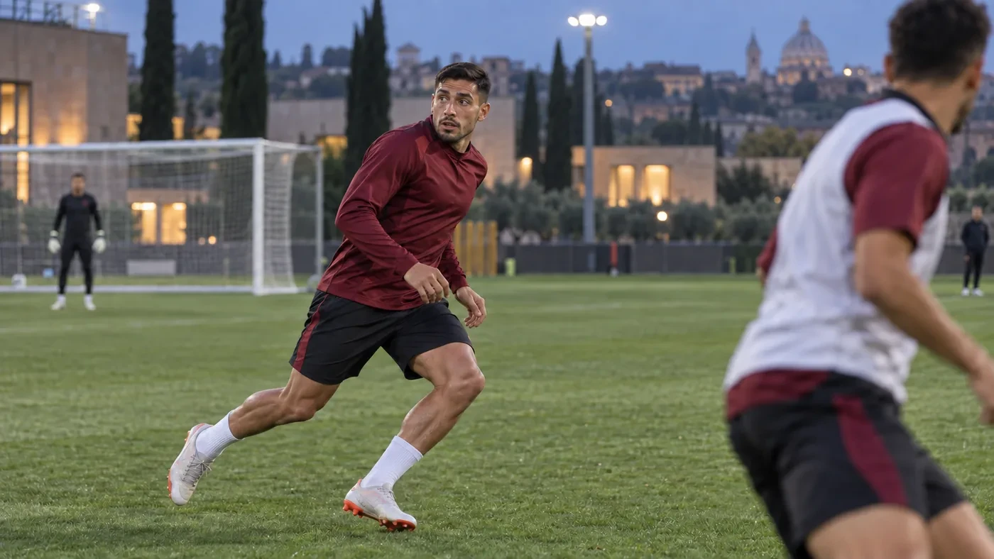 Nahuel Molina quan sát cột xa khi chạy hồi phục trong buổi tập Roma