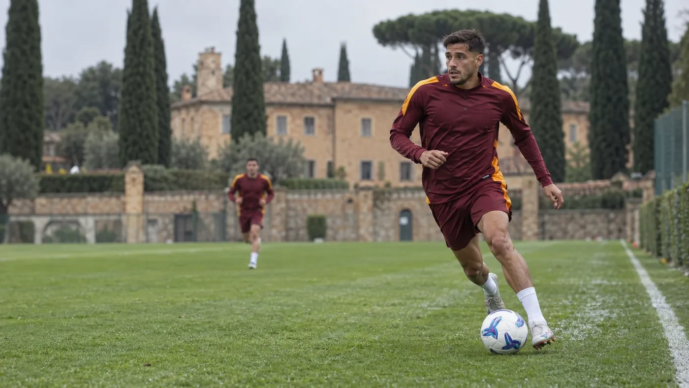 Nahuel Molina nhận bóng gần đường biên phải trong buổi tập Roma
