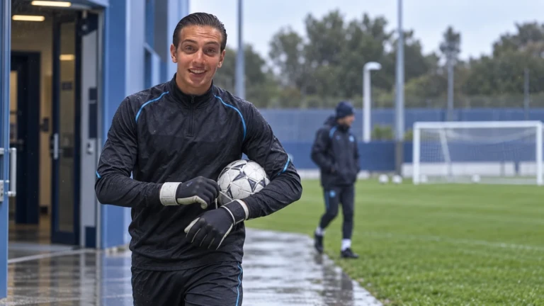 Claudio Pugliese bước ra sân tập Napoli với bóng và găng thủ môn