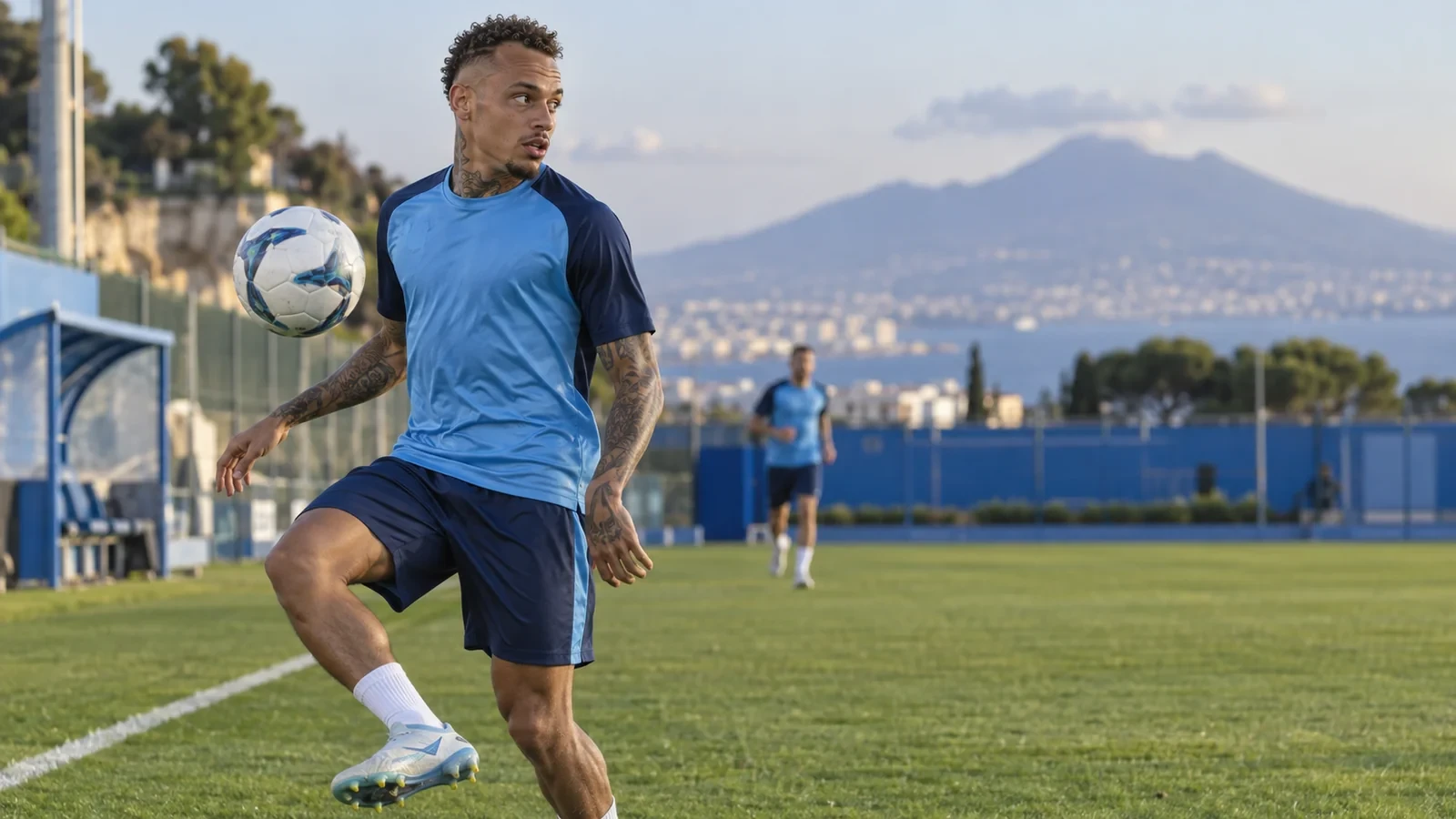 Noa Lang xử lý bóng bên hành lang trái trong buổi tập Napoli