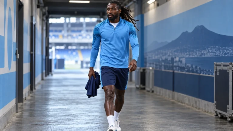 Frank Anguissa thực hiện bài tập che chắn bóng tại Napoli